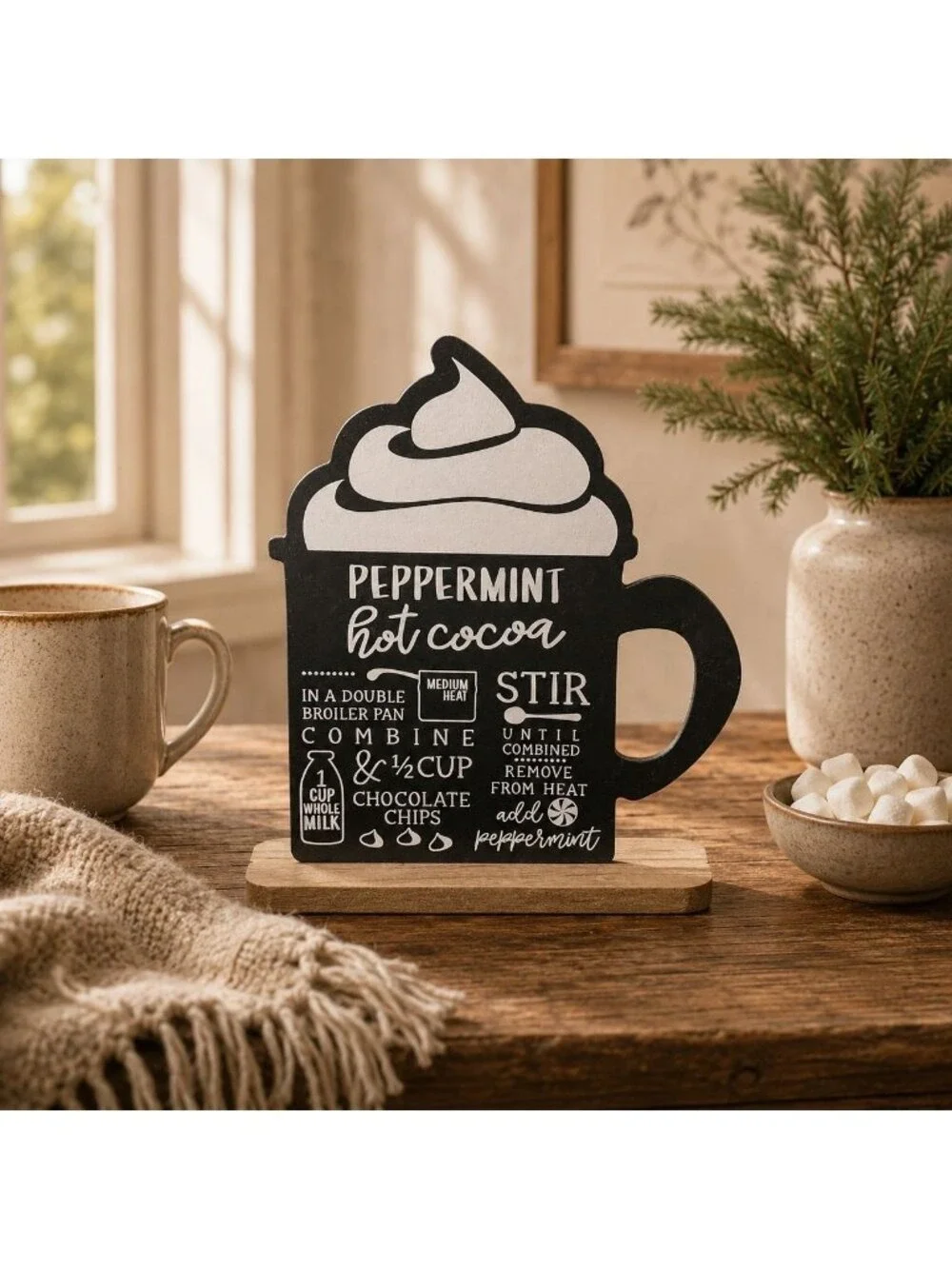 Peppermint Hot Cocoa Cup Sign 9in Double Side Chalkboard Decor Christmas Holiday